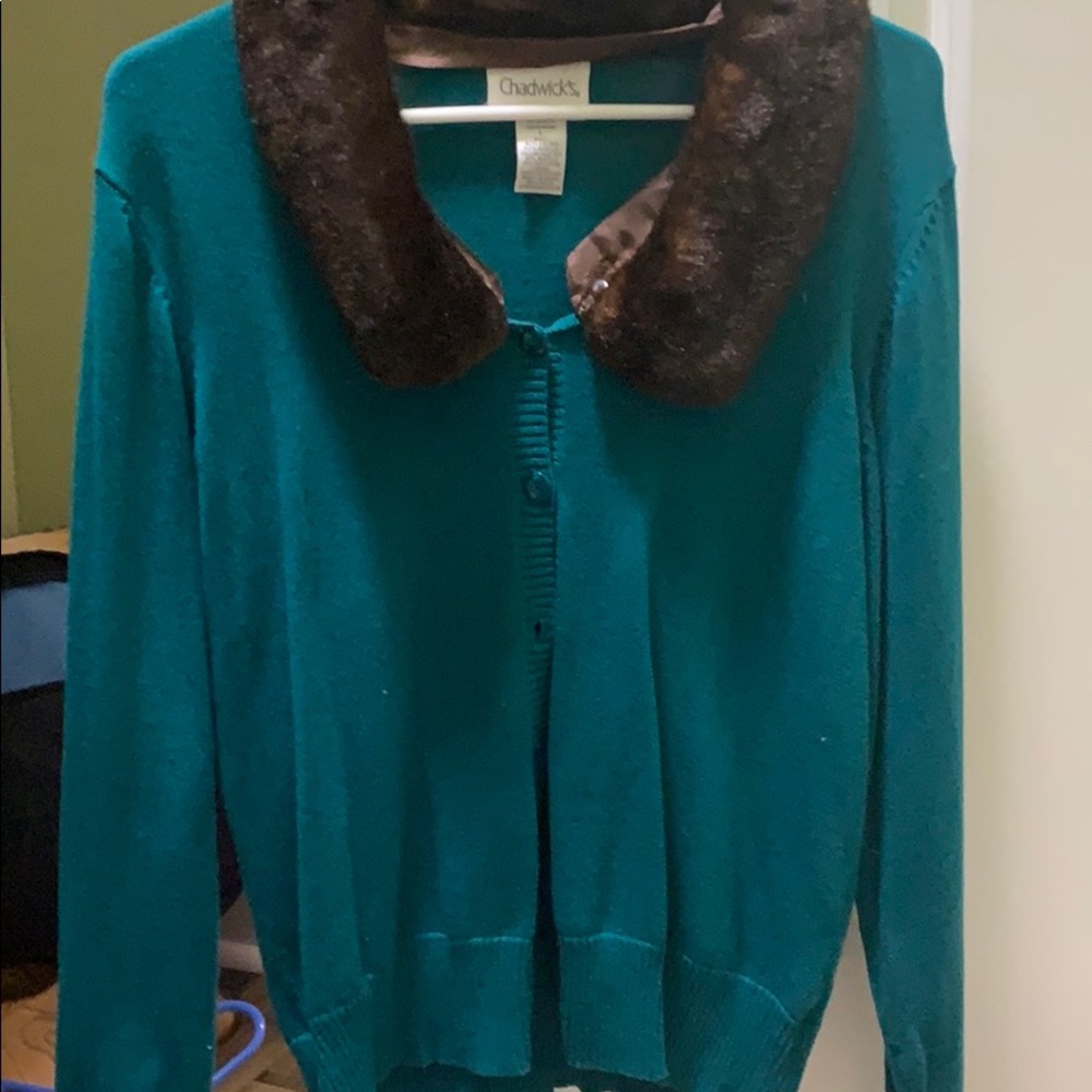 Teal button up cardigan with brown fur collar